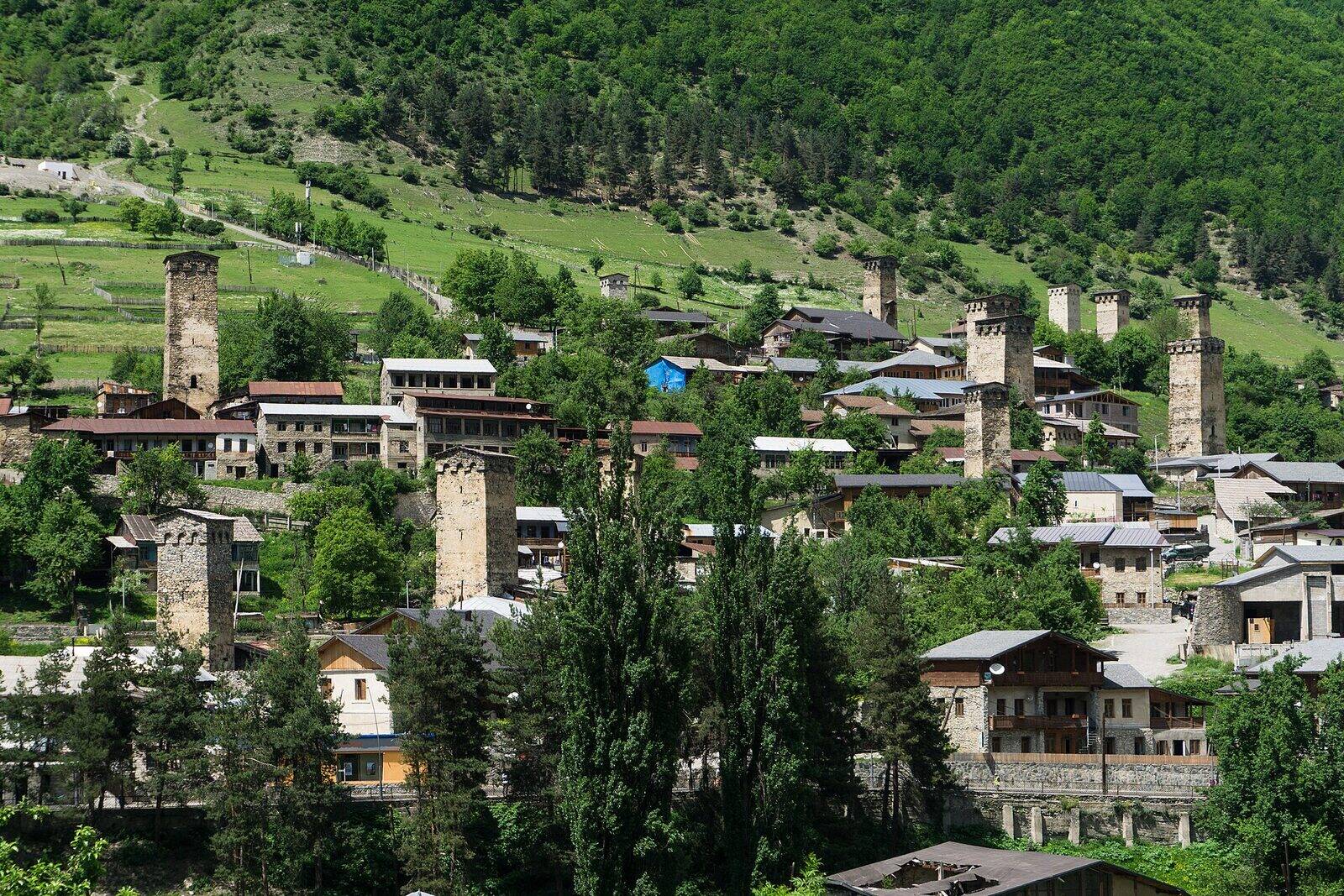 Mestia's medieval Svan towers rising among houses and trees on a green hillside in June.